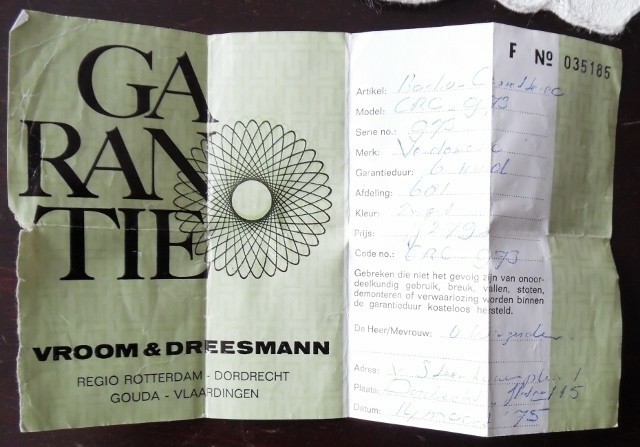 Oud garantiebewijs Vroom & Dreesman 1975