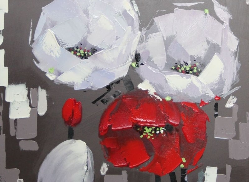 Olieverf schilderij rode-witte bloemen F2838